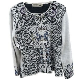 Peruvian Link Alpaca Blend Cardigan‎ Sweater Gray Paisley Metal Clasp Womens L